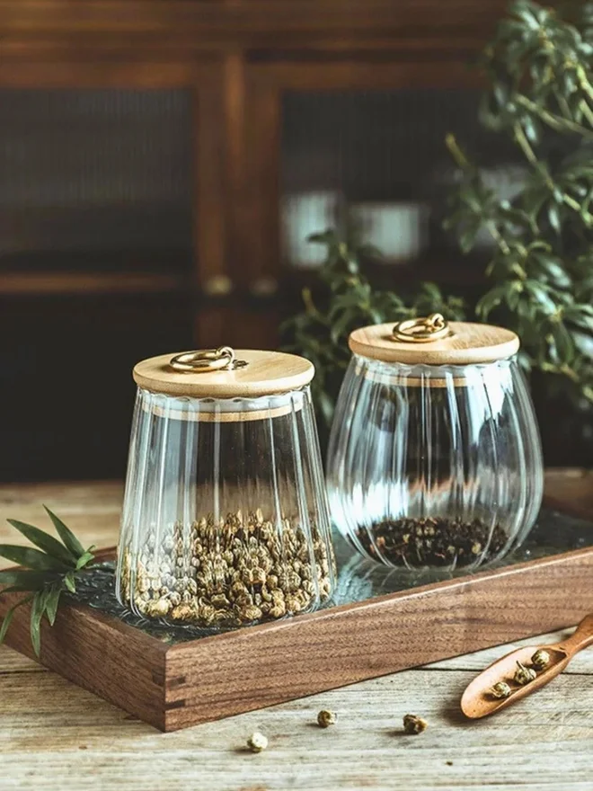 1 تشيس 1CHASE 2-Piece Borosilicate Glass Storage Jars With Airtight Bamboo Lid And Metal Handle